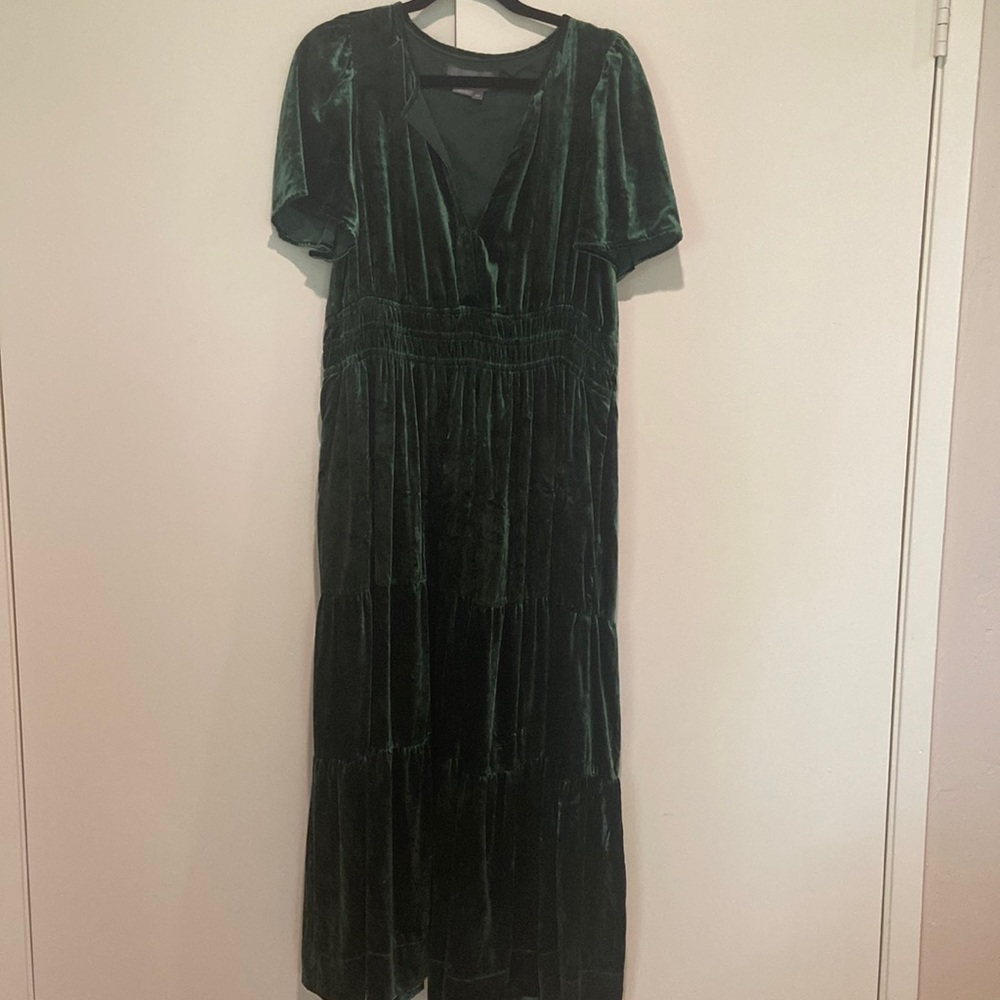 Emerald crushed velvet Anthropologie Maxi Dress